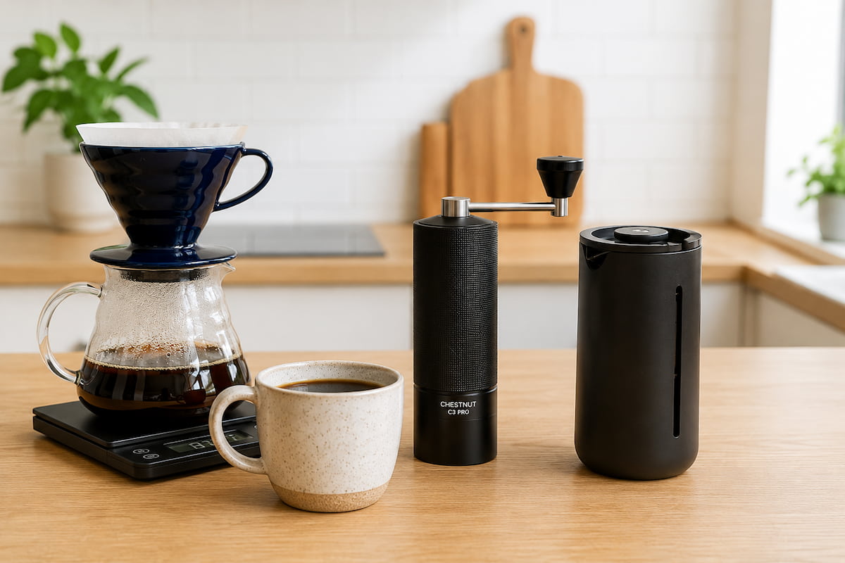 Home coffee brewing setup with pour-over brewer, hand grinder, French press, and freshly brewed coffee.