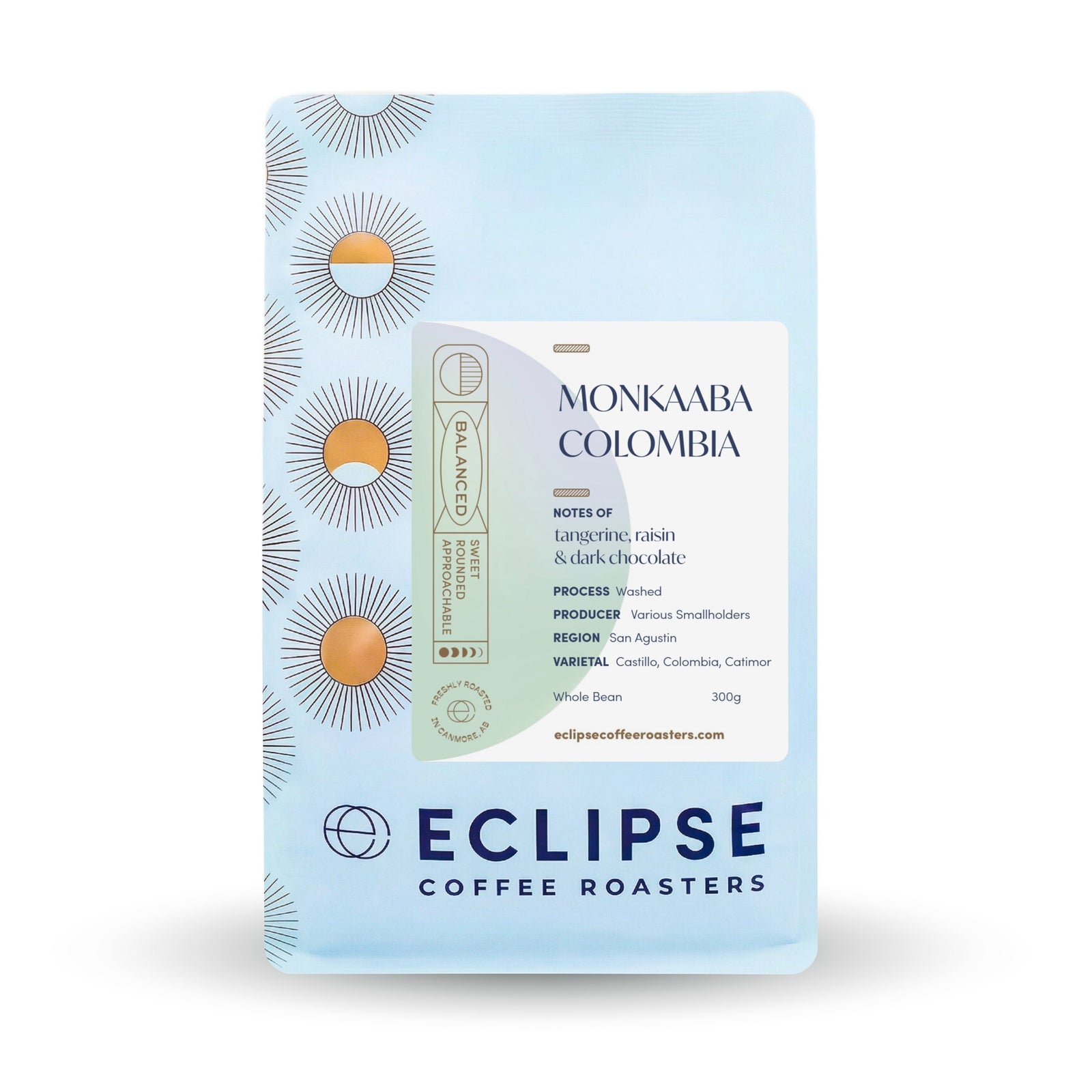 Eclipse Coffee Roasters Monkaaba Colombia whole bean coffee, 300g bag, washed process with notes of tangerine, raisin and dark chocolate