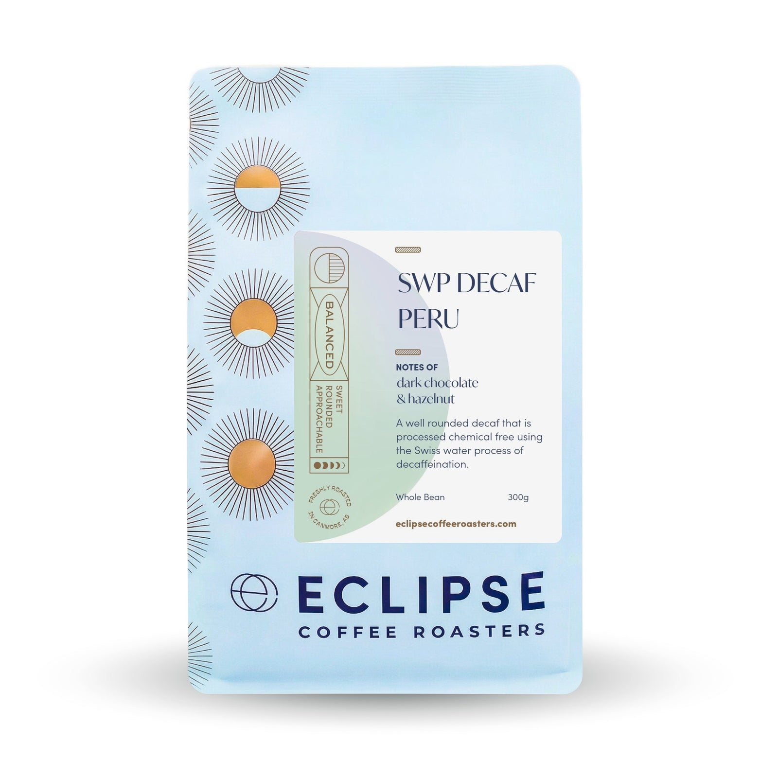 Eclipse Coffee Roasters Swiss Water Decaf whole bean coffee, 300g bag, decaffeinated using Swiss Water process